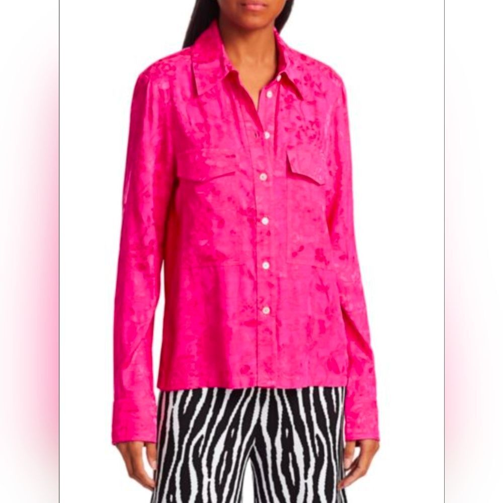 STAUD‎ Alyssa Damask Tonal Floral Pocket Front Button Down Shirt Hot Pink Size M